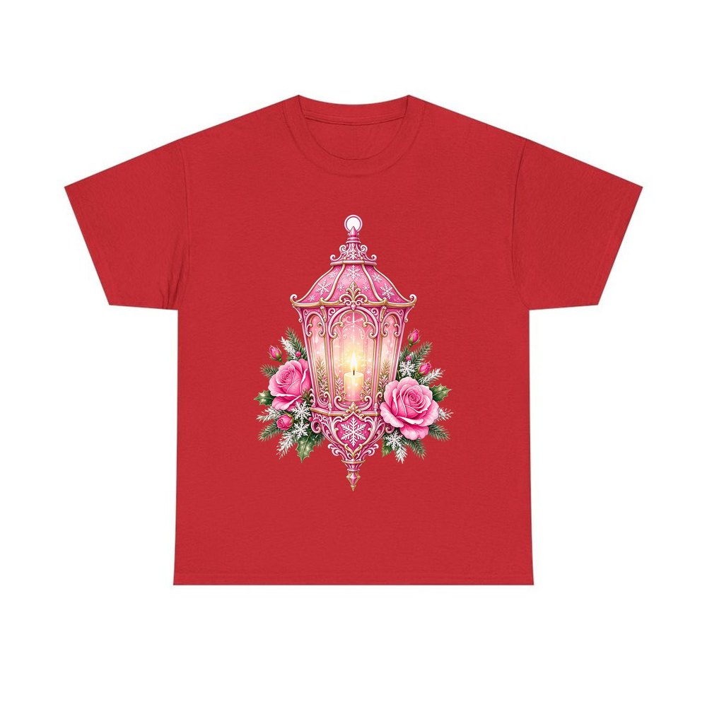 Pink Lantern With Roses personalised Christmas T-shirt in red