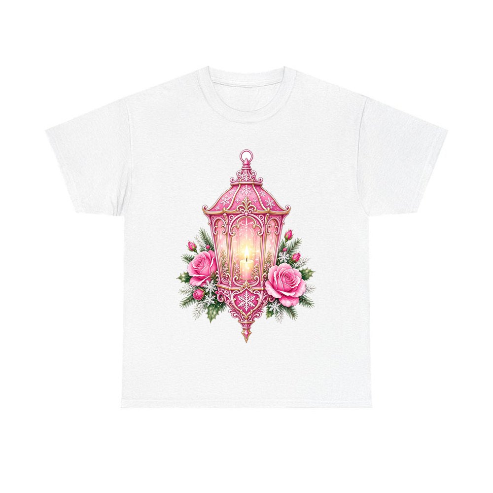 Pink Lantern With Roses personalised Christmas T-shirt in white