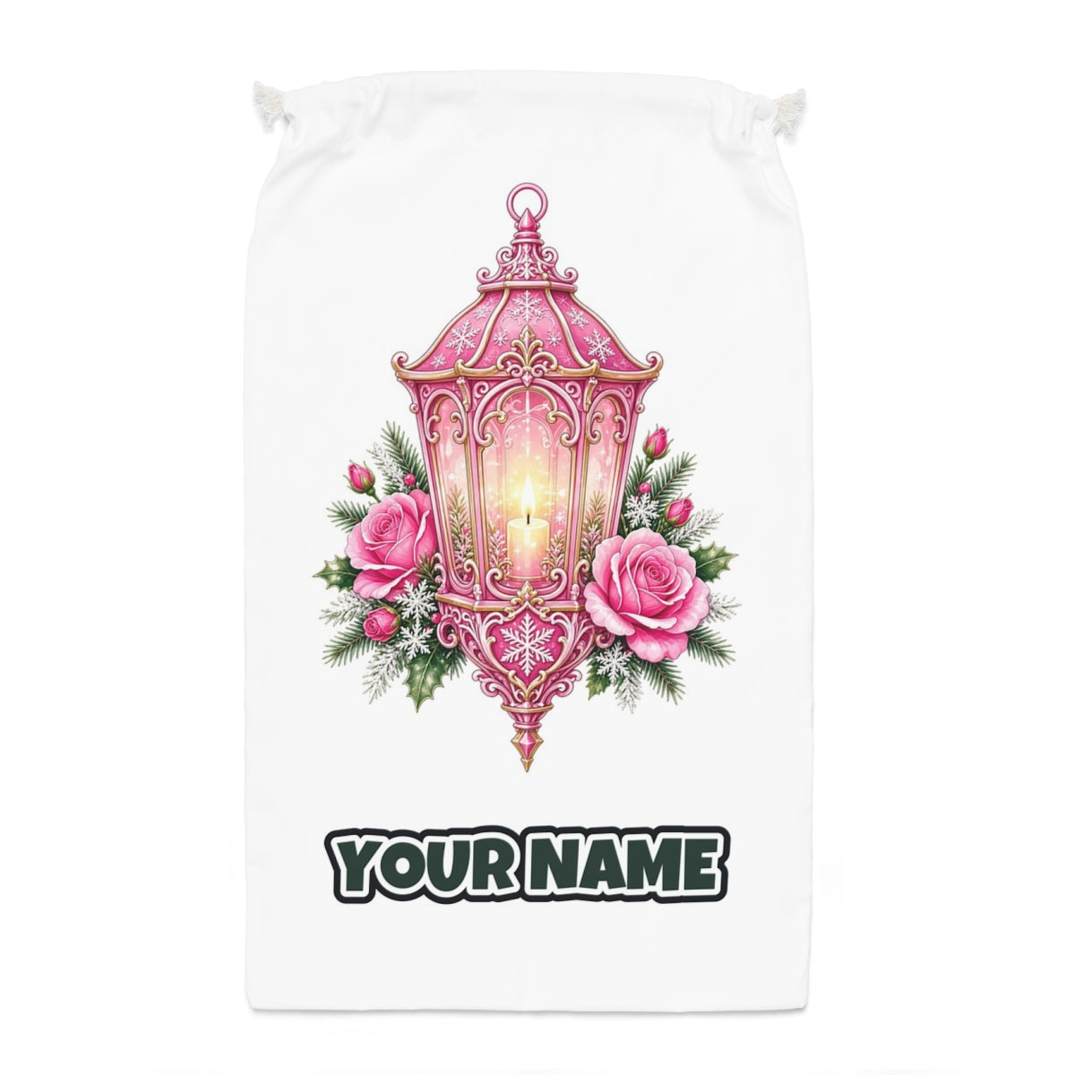 Pink Lantern With Roses Santa sack laid flat, showing the full print