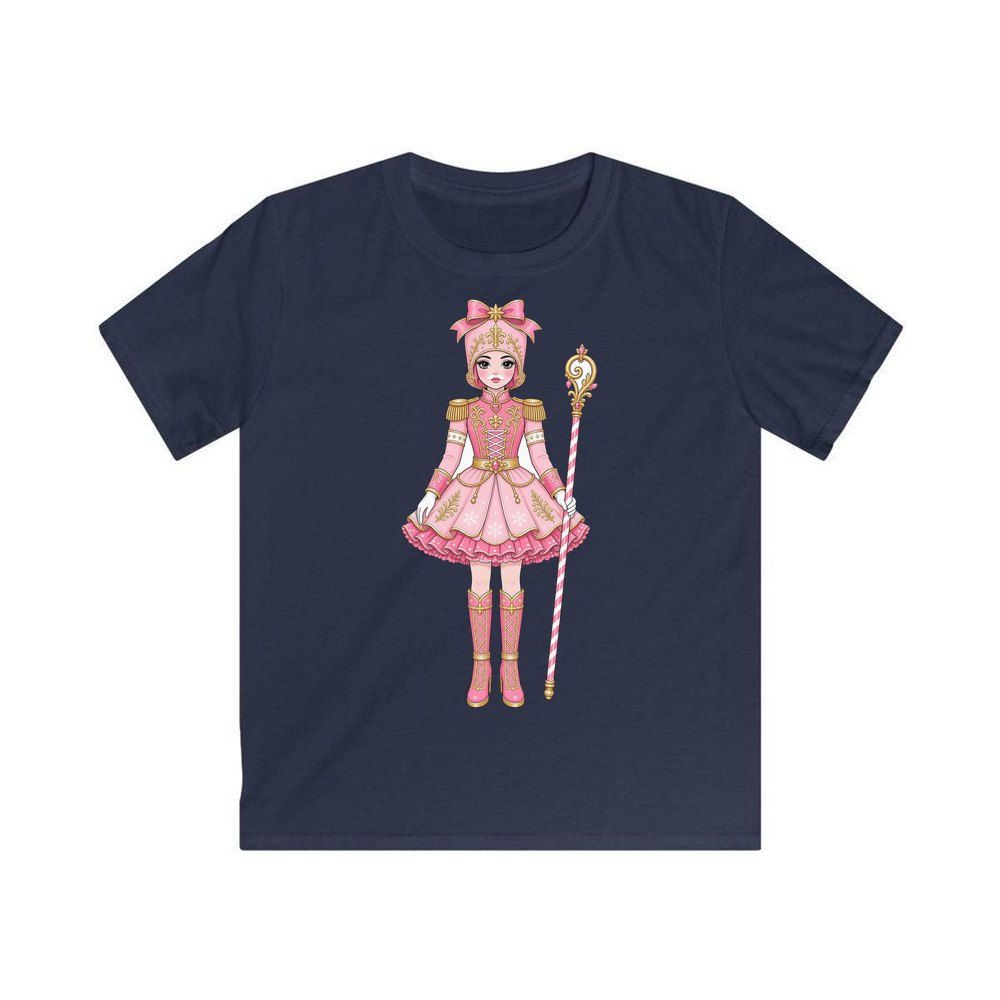 Pink Nutcracker Soldier Girl personalised kids Christmas tee in navy
