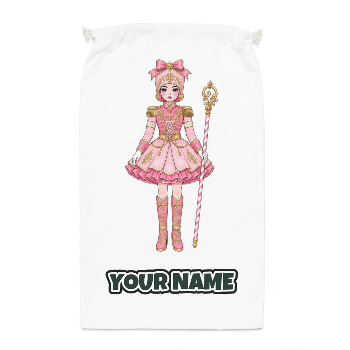 Pink Nutcracker Soldier Girl Santa sack laid flat, showing the full print