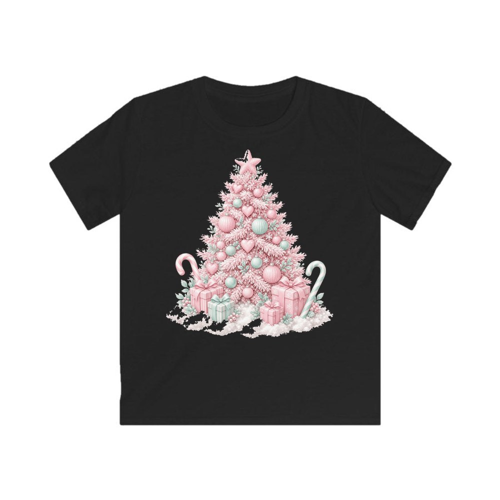 Pastel Pink Tree with Presents personalised kids Christmas tee in black