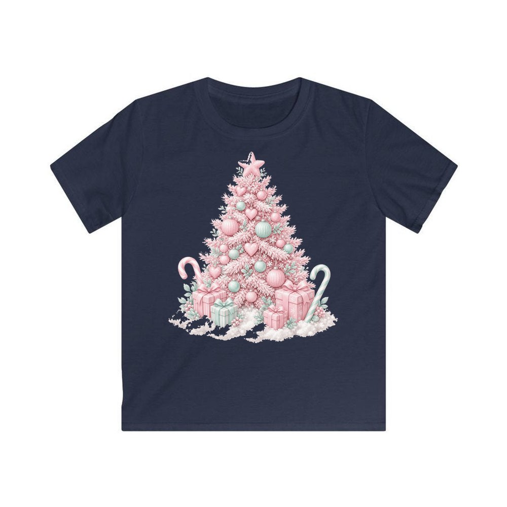 Pastel Pink Tree with Presents personalised kids Christmas tee in navy