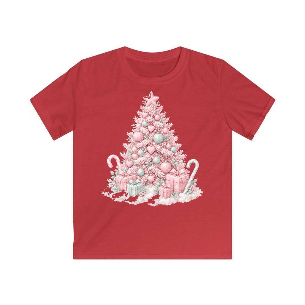 Pastel Pink Tree with Presents personalised kids Christmas tee in red