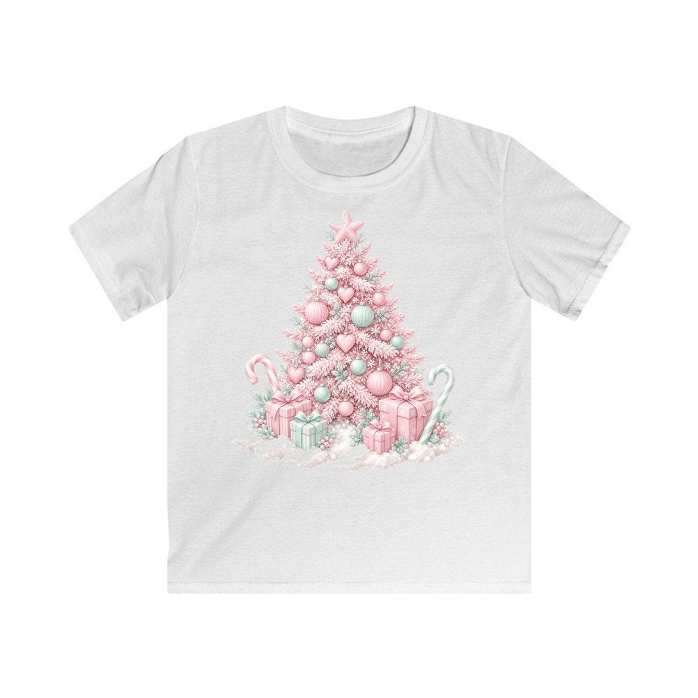 Pastel Pink Tree with Presents personalised kids Christmas tee in white