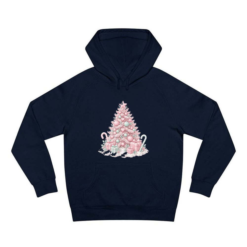 Pastel Pink Tree with Presents personalised Christmas hoodie in navy