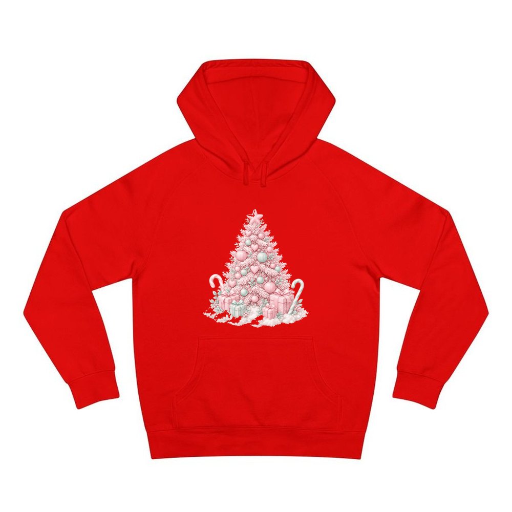 Pastel Pink Tree with Presents personalised Christmas hoodie in red