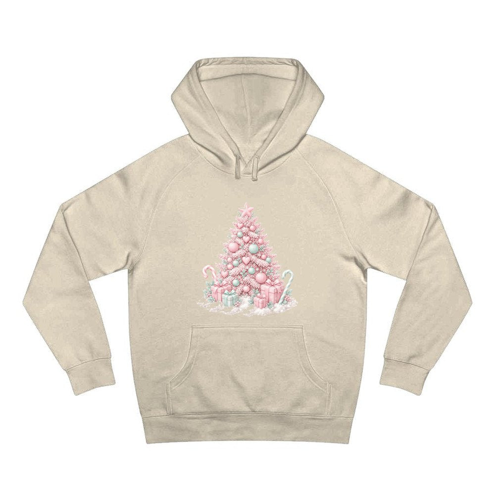 Pastel Pink Tree with Presents personalised Christmas hoodie in sand