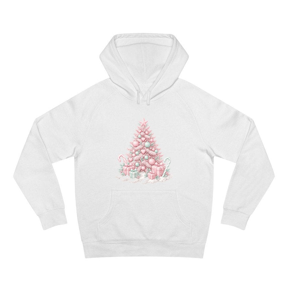 Pastel Pink Tree with Presents personalised Christmas hoodie in white