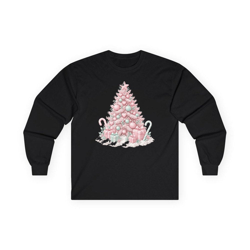 Pastel Pink Tree with Presents personalised long sleeve Christmas T-shirt in black
