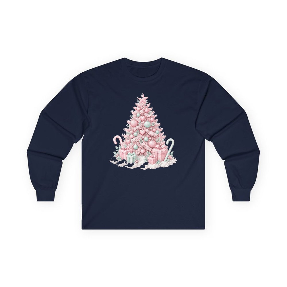 Pastel Pink Tree with Presents personalised long sleeve Christmas T-shirt in navy