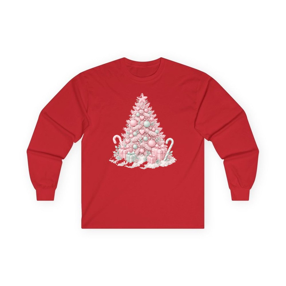 Pastel Pink Tree with Presents personalised long sleeve Christmas T-shirt in red