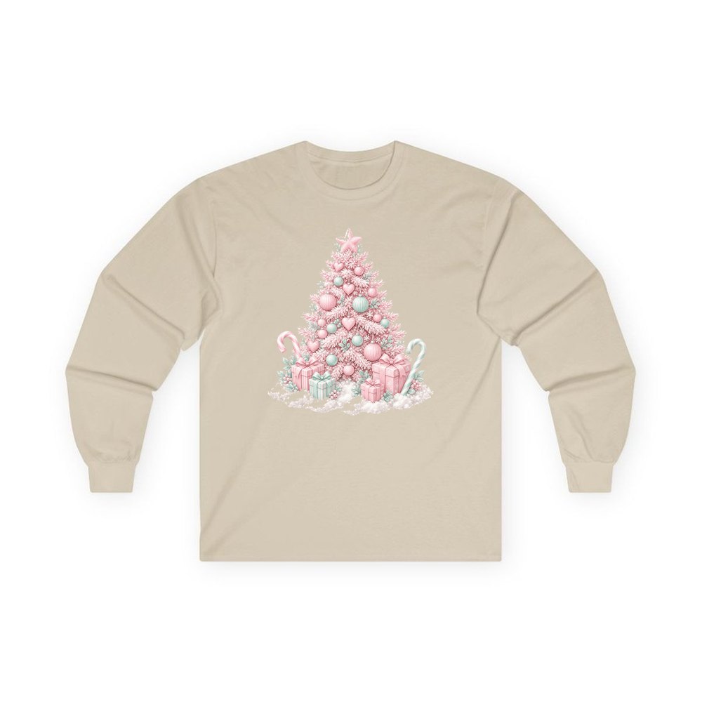 Pastel Pink Tree with Presents personalised long sleeve Christmas T-shirt in sand