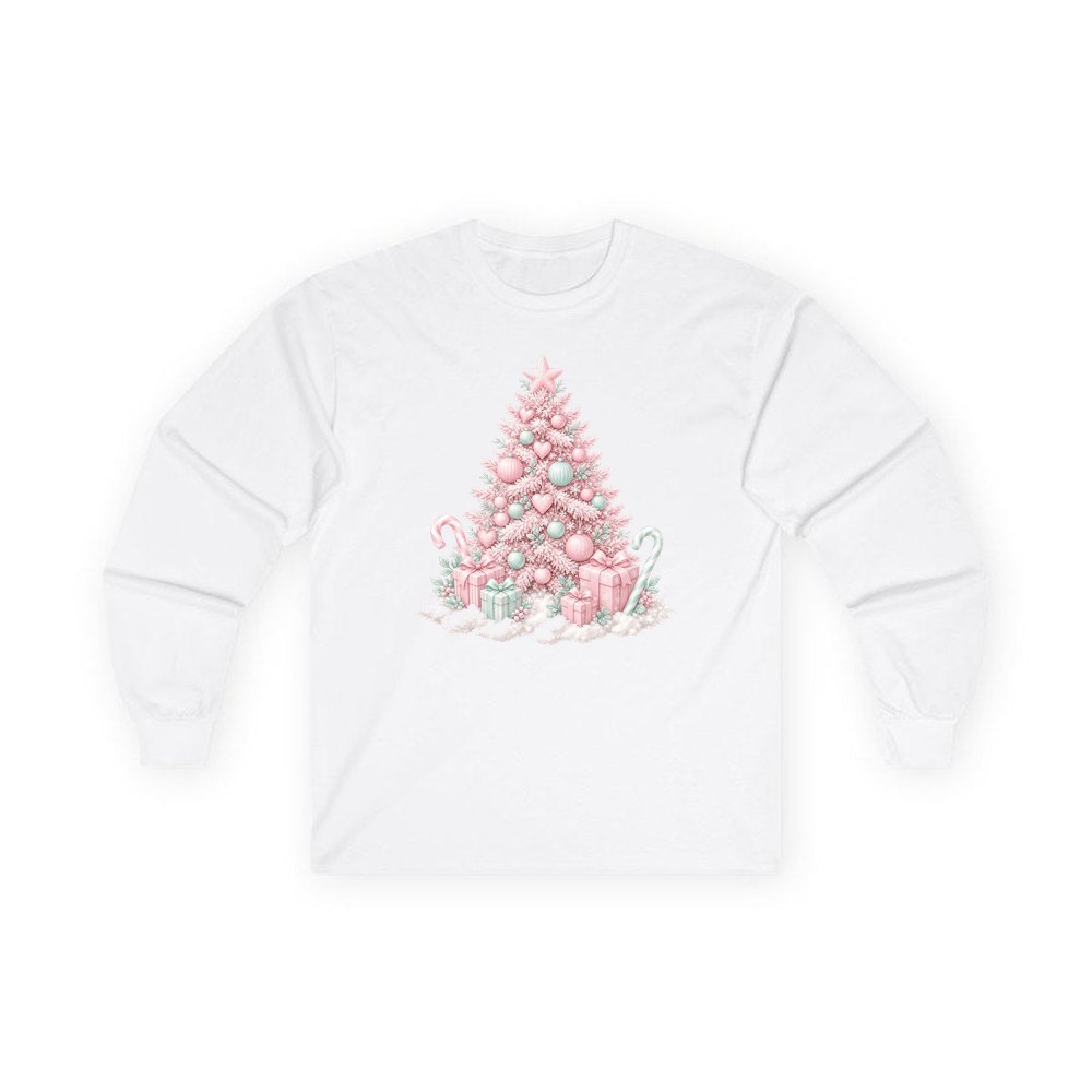 Pastel Pink Tree with Presents personalised long sleeve Christmas T-shirt in white