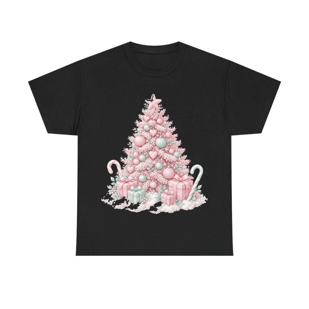 Pastel Pink Tree with Presents personalised Christmas T-shirt in black