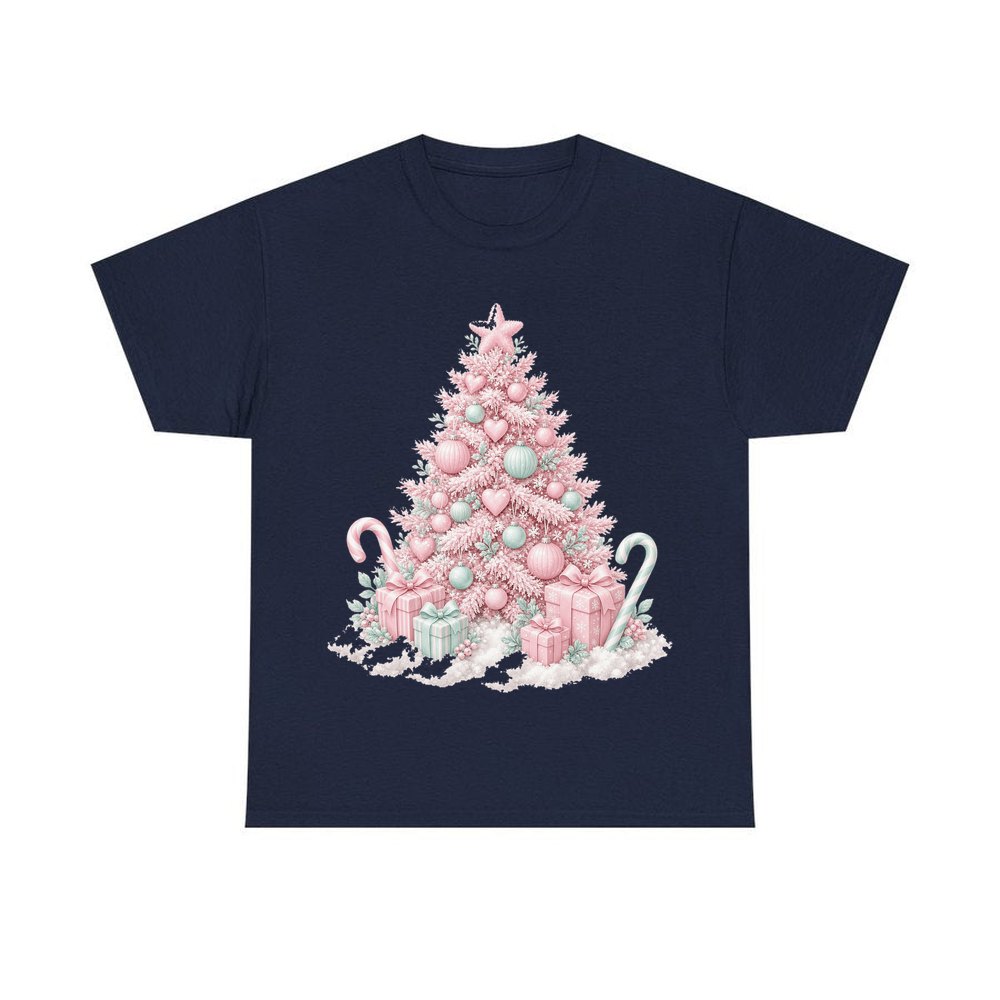 Pastel Pink Tree with Presents personalised Christmas T-shirt in navy