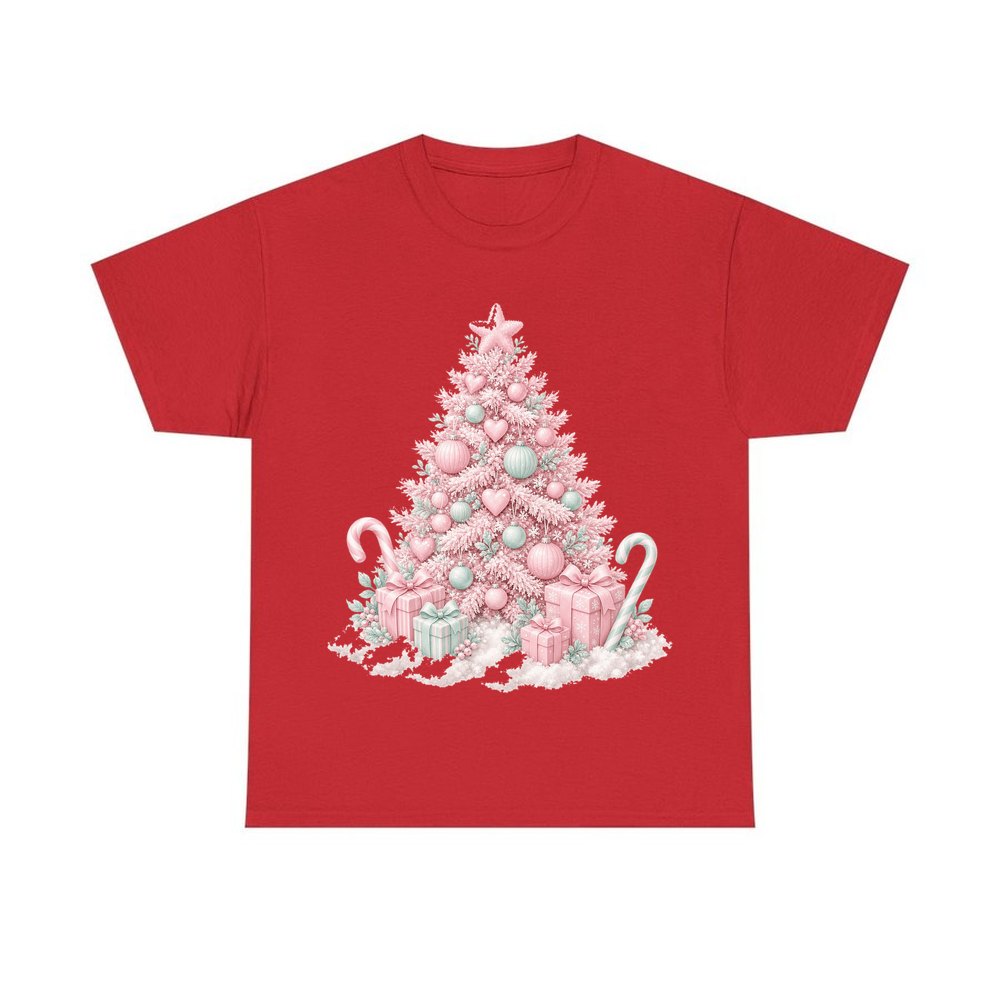 Pastel Pink Tree with Presents personalised Christmas T-shirt in red