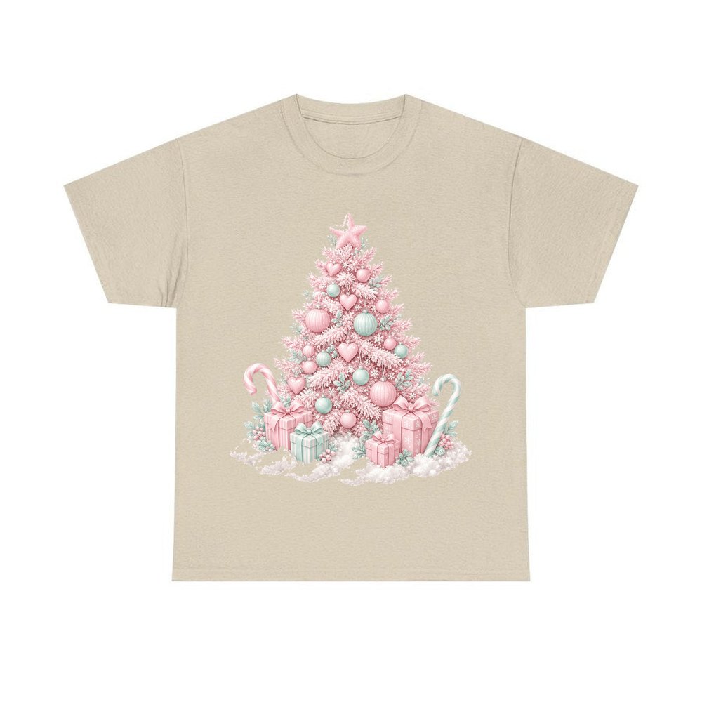 Pastel Pink Tree with Presents personalised Christmas T-shirt in sand