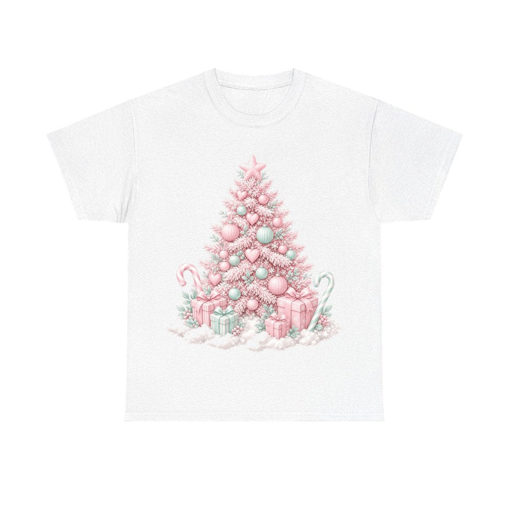 Pastel Pink Tree with Presents personalised Christmas T-shirt in white