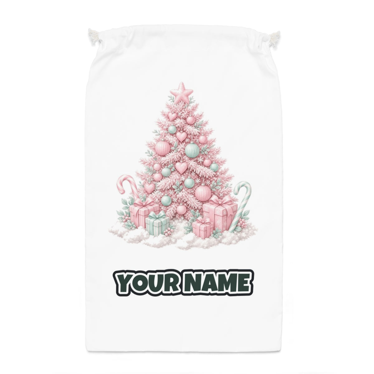 Pastel Pink Tree with Presents Santa sack laid flat, showing the full print