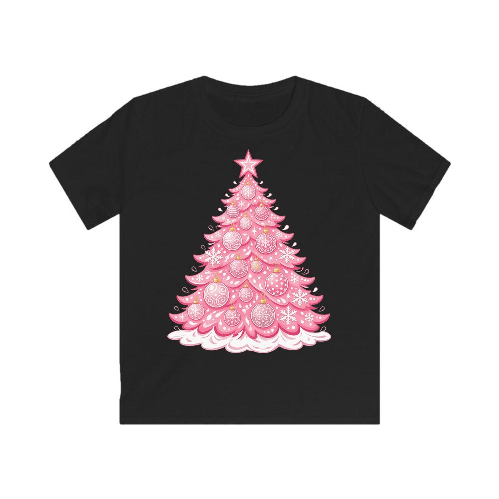 Pink Pastel Christmas Tree personalised kids Christmas tee in black
