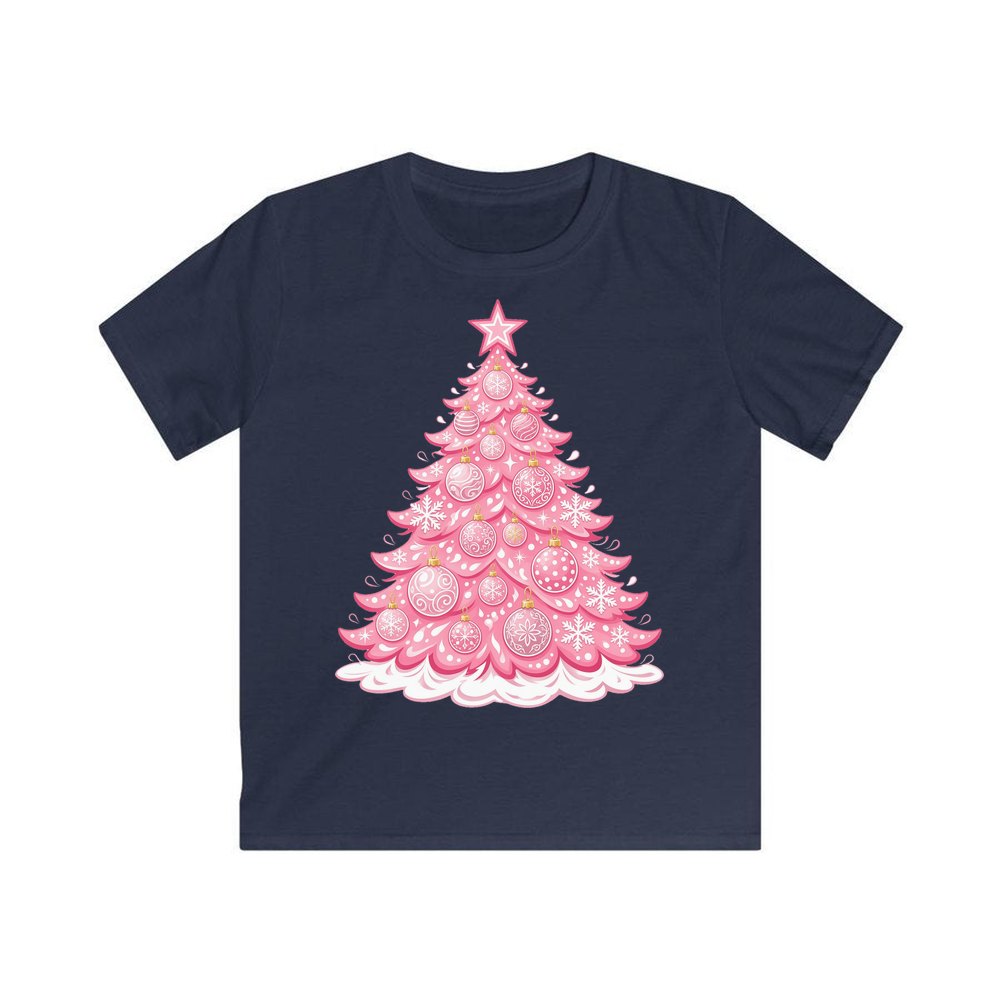 Pink Pastel Christmas Tree personalised kids Christmas tee in navy
