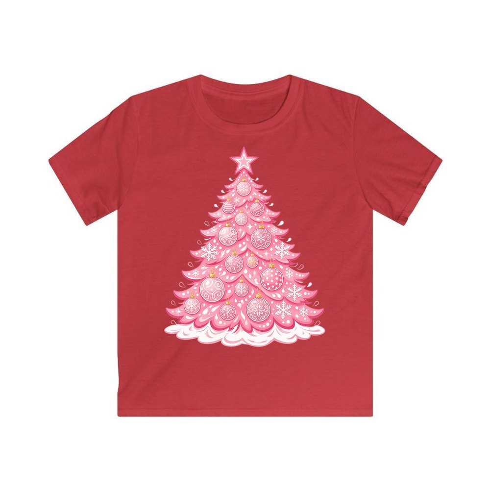 Pink Pastel Christmas Tree personalised kids Christmas tee in red