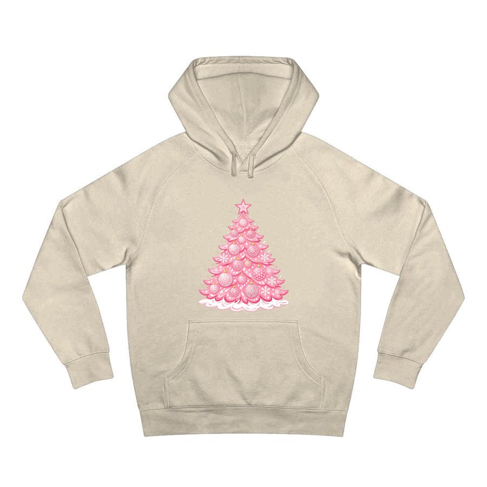 Pink Pastel Christmas Tree personalised Christmas hoodie in sand