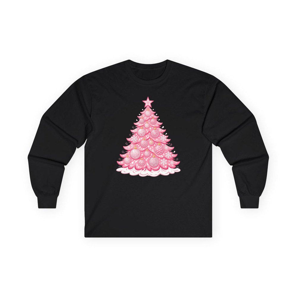 Pink Pastel Christmas Tree personalised long sleeve Christmas T-shirt in black