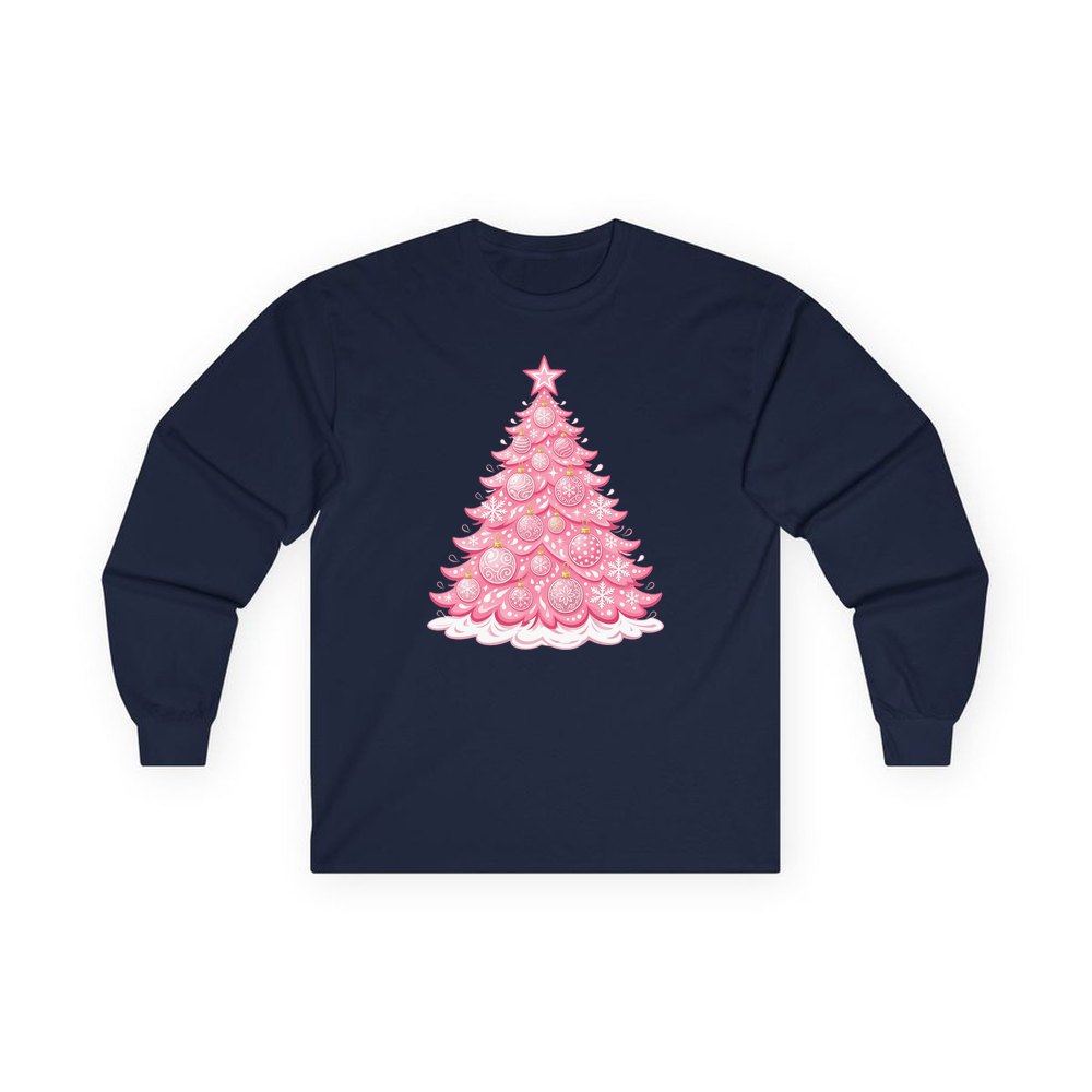 Pink Pastel Christmas Tree personalised long sleeve Christmas T-shirt in navy