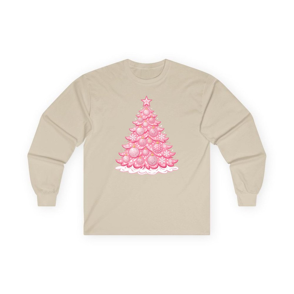 Pink Pastel Christmas Tree personalised long sleeve Christmas T-shirt in sand