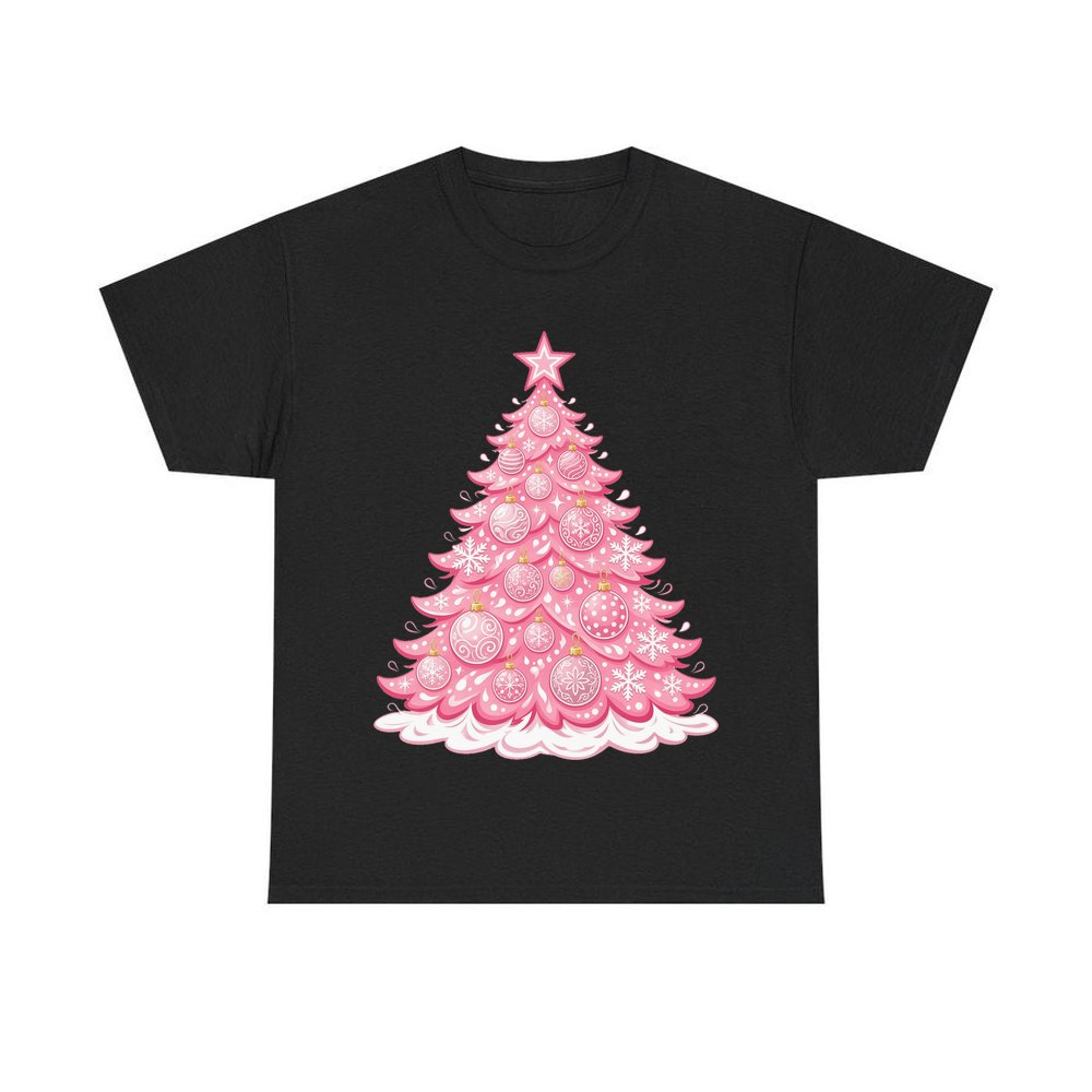 Pink Pastel Christmas Tree personalised Christmas T-shirt in black