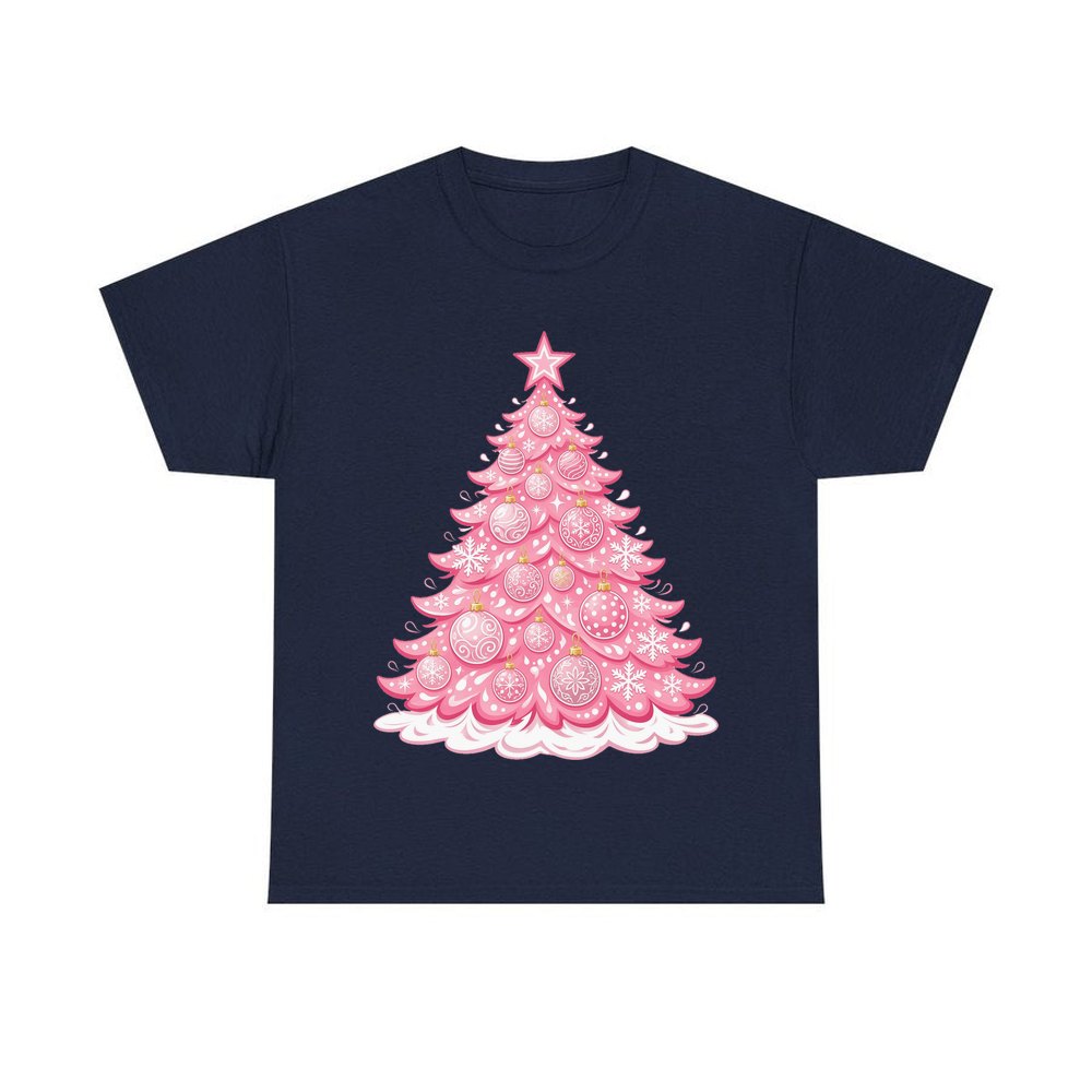 Pink Pastel Christmas Tree personalised Christmas T-shirt in navy