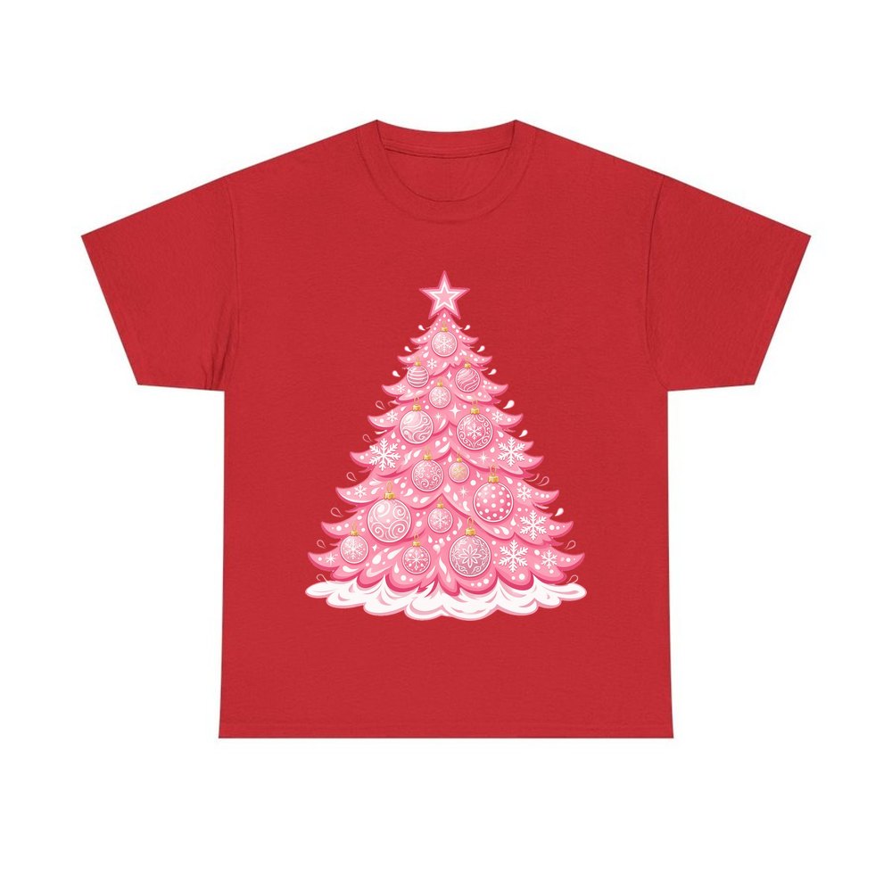 Pink Pastel Christmas Tree personalised Christmas T-shirt in red