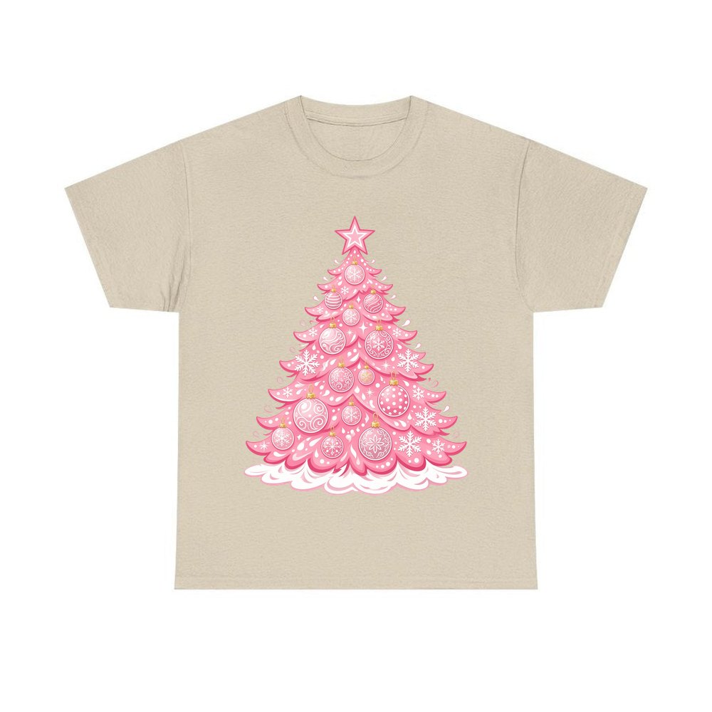 Pink Pastel Christmas Tree personalised Christmas T-shirt in sand