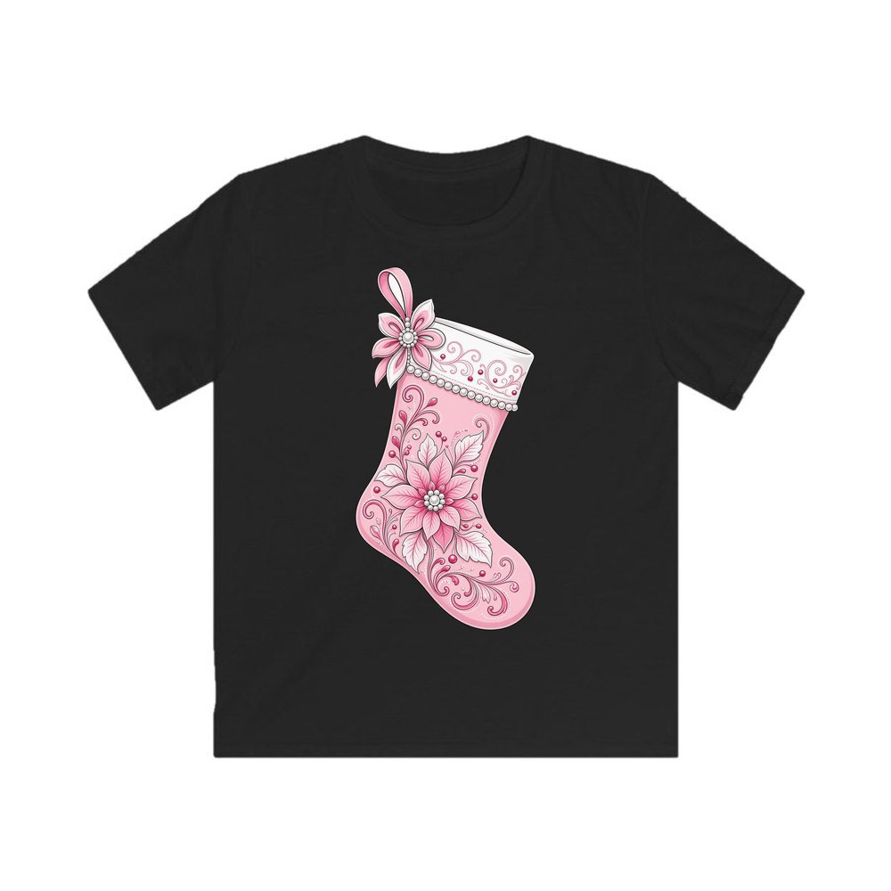 Pink Pearl Poinsettia Stocking personalised kids Christmas tee in black