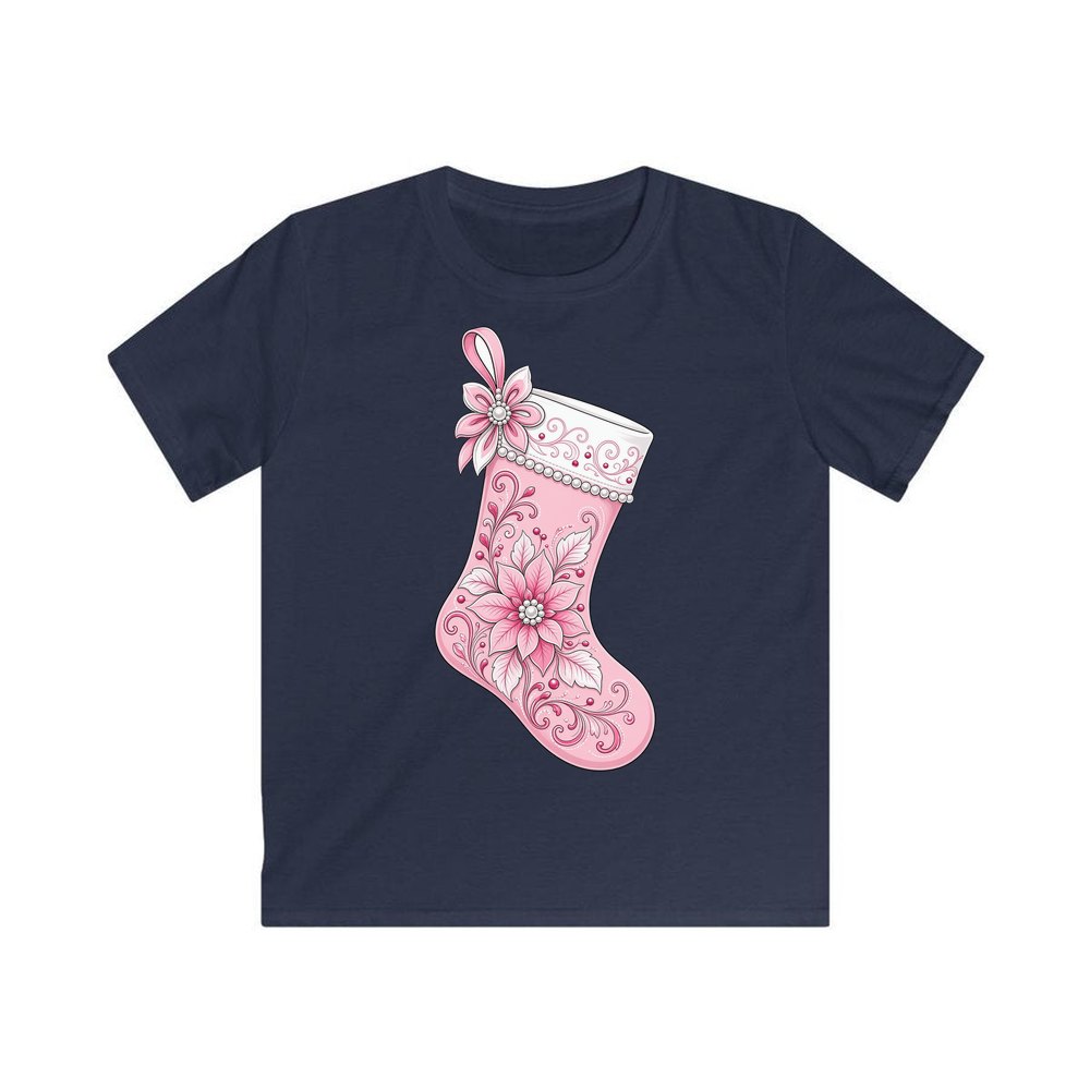Pink Pearl Poinsettia Stocking personalised kids Christmas tee in navy