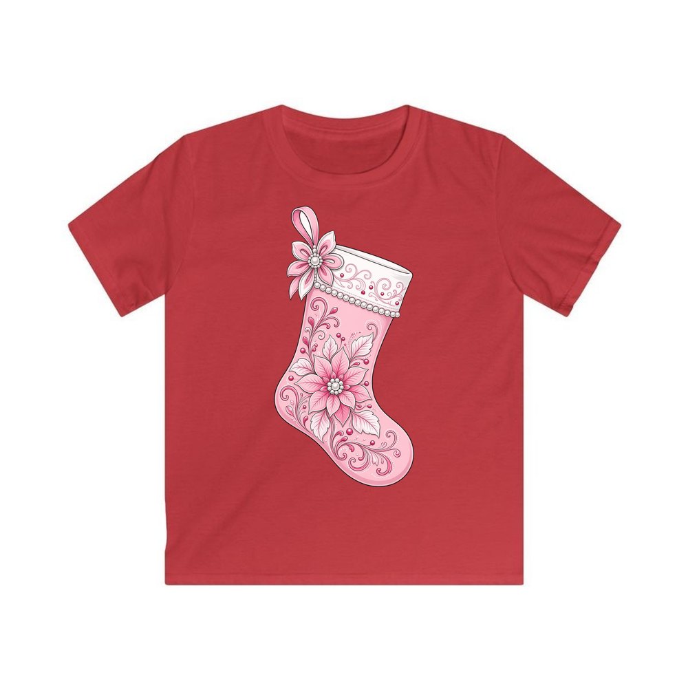 Pink Pearl Poinsettia Stocking personalised kids Christmas tee in red