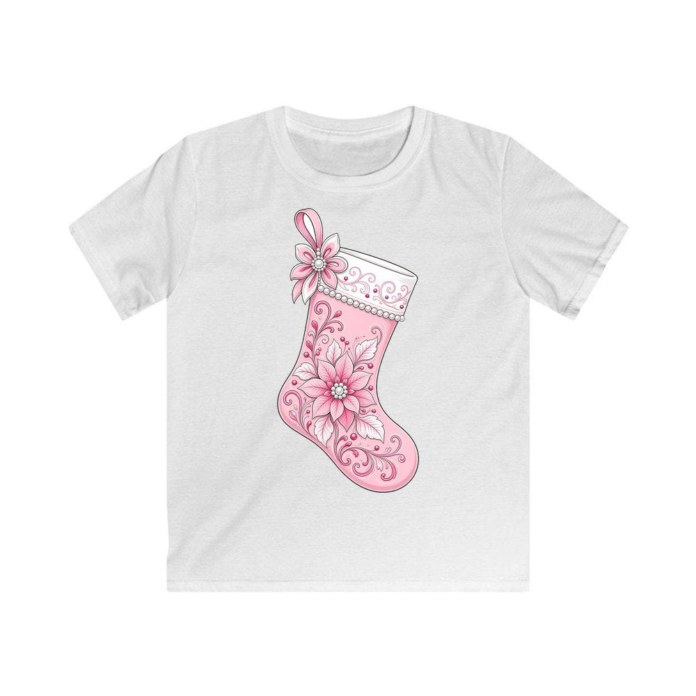 Pink Pearl Poinsettia Stocking personalised kids Christmas tee in white
