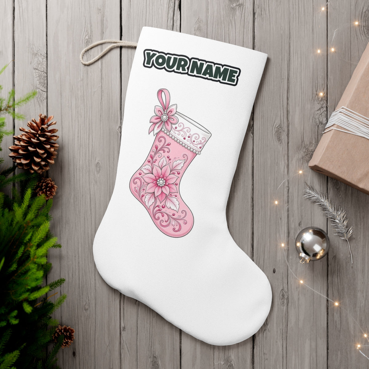 Pink Pearl Poinsettia Stocking personalised Christmas stocking, white, with the name across the top