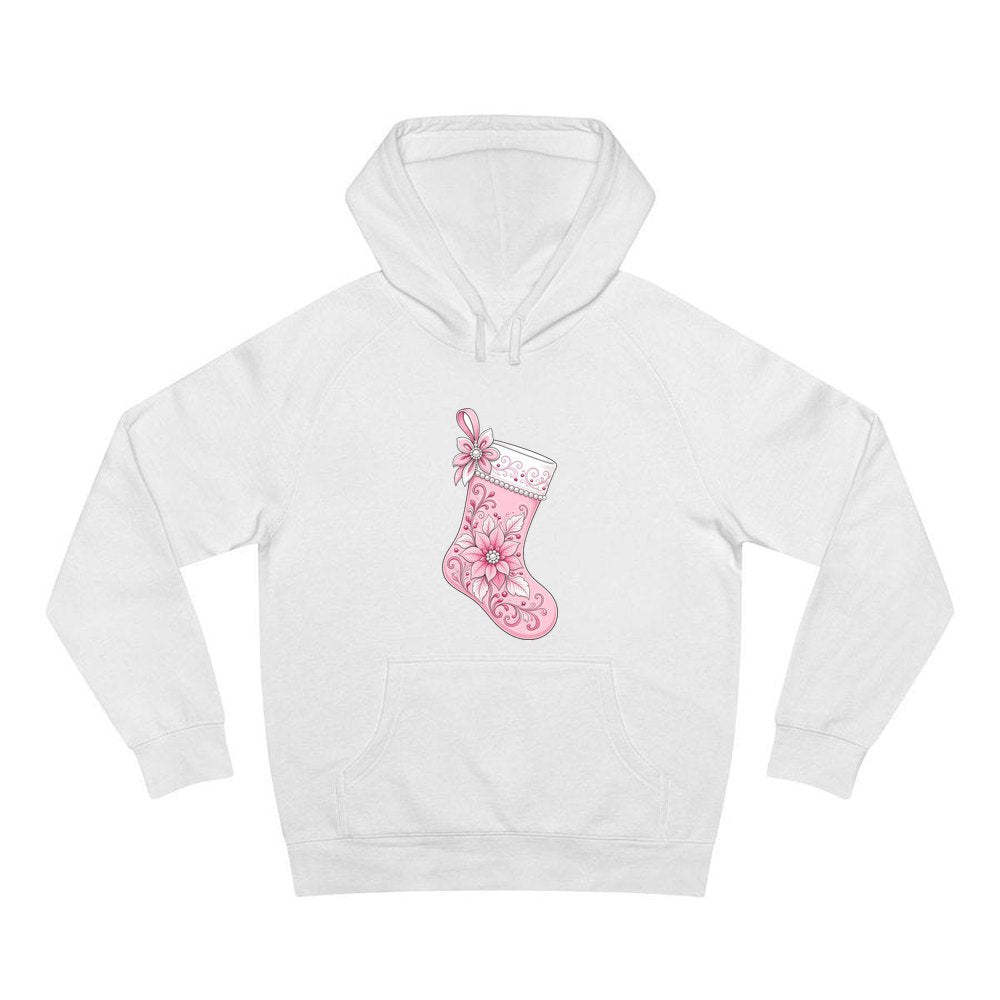 Pink Pearl Poinsettia Stocking personalised Christmas hoodie in white