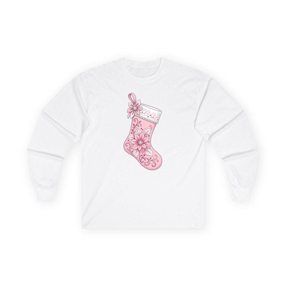 Pink Pearl Poinsettia Stocking personalised long sleeve Christmas T-shirt in white