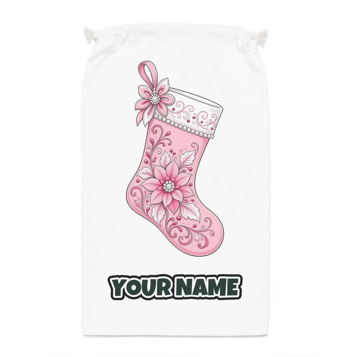 Pink Pearl Poinsettia Stocking Santa sack laid flat, showing the full print