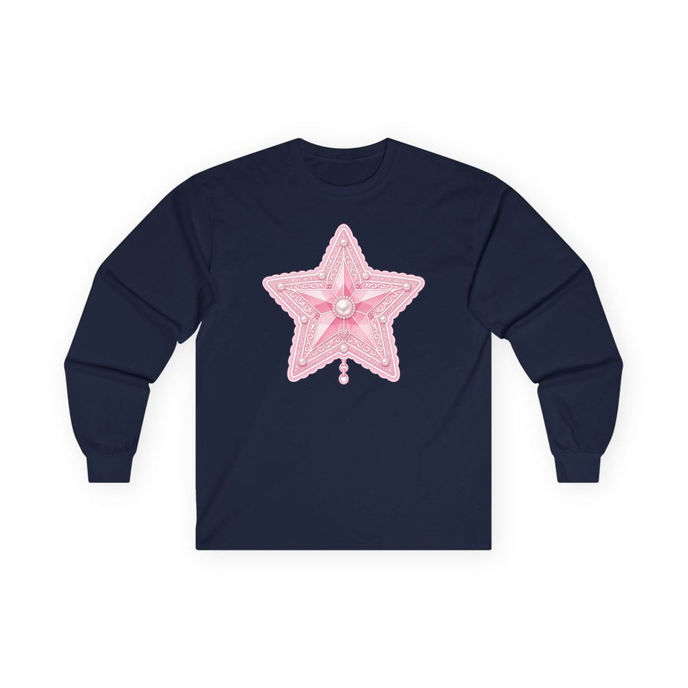 Pink Pearl Star personalised long sleeve Christmas T-shirt in navy