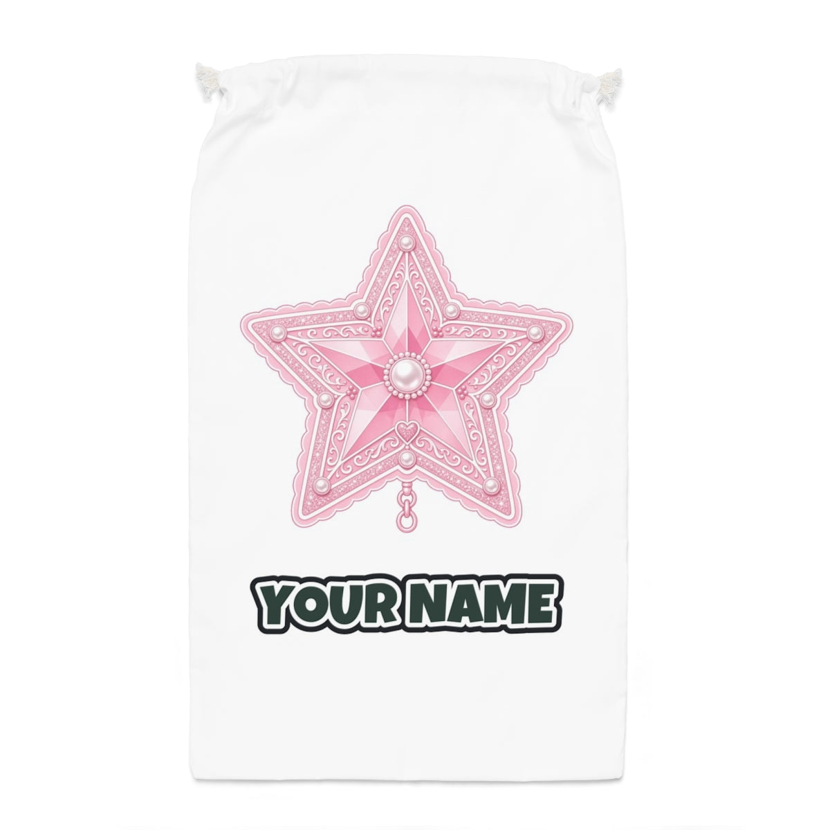 Pink Pearl Star Santa sack laid flat, showing the full print