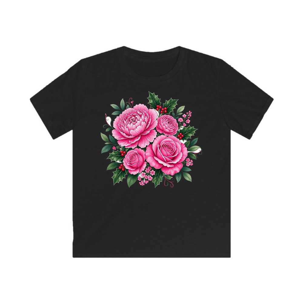 Pink Peonies And Roses personalised kids Christmas tee in black