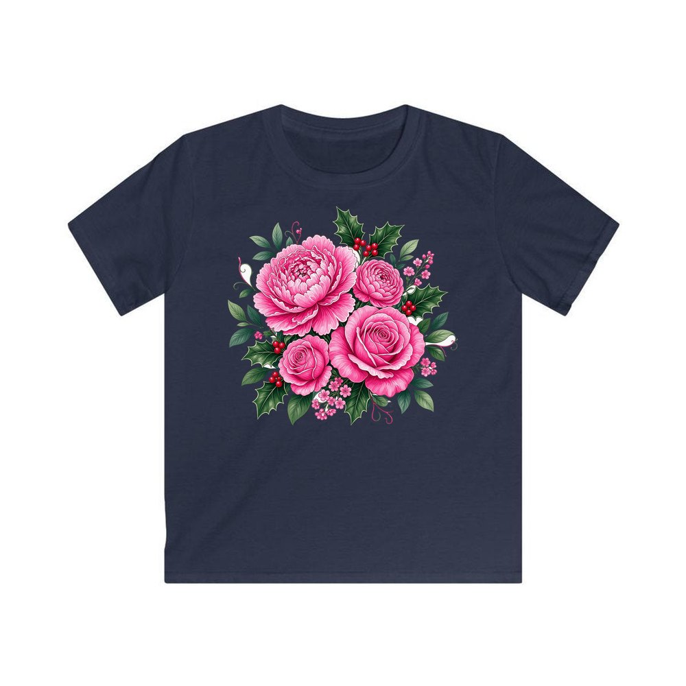 Pink Peonies And Roses personalised kids Christmas tee in navy