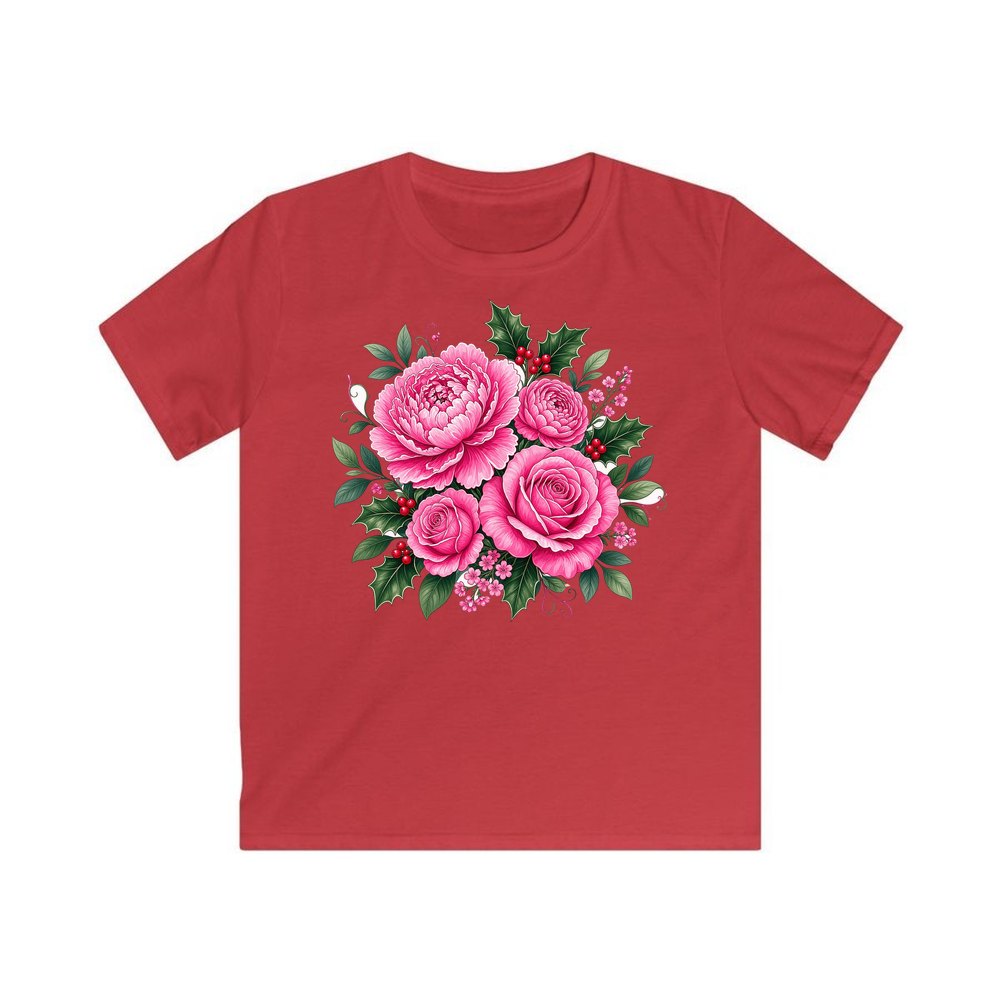 Pink Peonies And Roses personalised kids Christmas tee in red