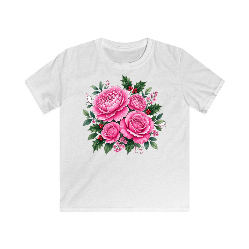 Pink Peonies And Roses personalised kids Christmas tee in white