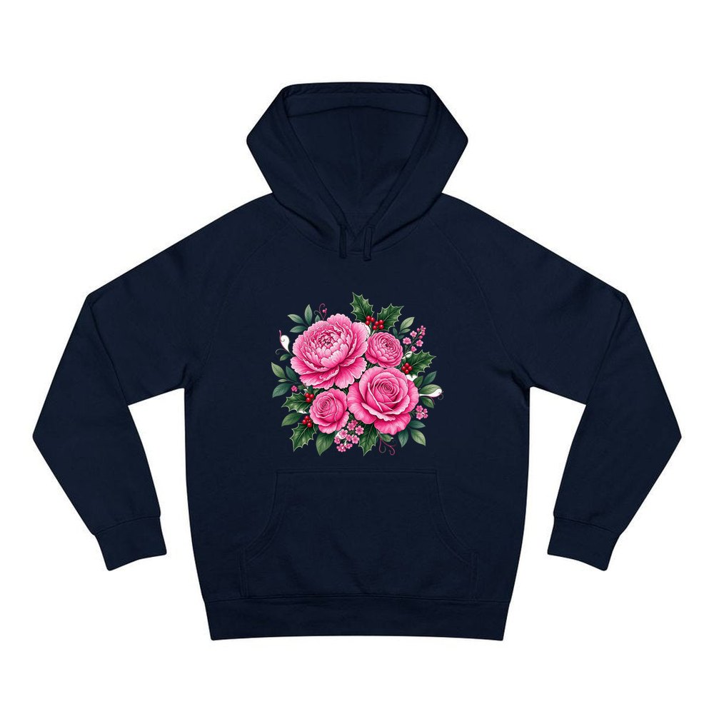 Pink Peonies And Roses personalised Christmas hoodie in navy